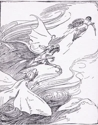 Perseus bloed liep koud voor al zijn moed toen hij hen zag komen huilen op zijn spoor, uit The Heroes gepubliceerd door George Allen en Unwin 1929