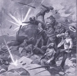 De laatste stand van de politie van Johannesburg bij Bergendal, illustratie uit Na Pretoria: De Guerrillaoorlog, 1902