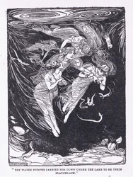 De waternimfen droegen hem naar beneden het meer in naar hun speelkameraad, uit The Heroes gepubliceerd door George Allen en Unwin 1929