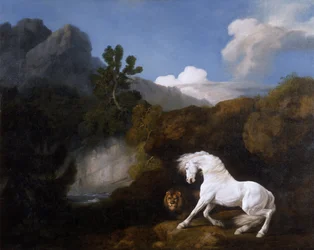 Paard geschrokken van leeuw