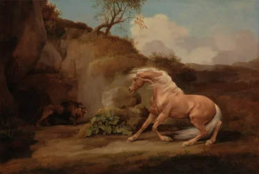 Paard geschrokken van leeuw
