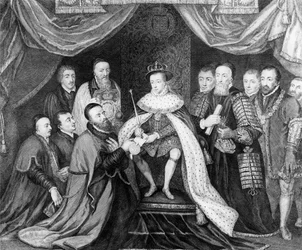 Edward VI verleent het Handvest voor Bridewell Hospital aan Sir George Barnes in 1553, gepubliceerd 1750