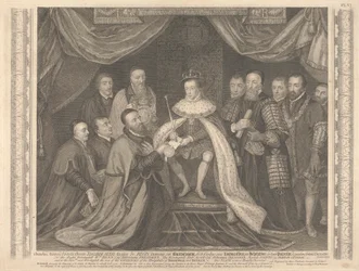 Koning Edward VI presenteert het charter voor Bridewell aan Sir George Barnes
