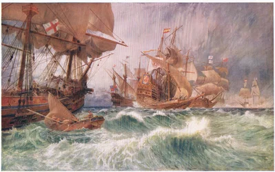 De oproep tot overgave: een incident in de aanval van de grote Armada 1588, uit Cassells Geschiedenis van het Britse Volk uitgegeven door de Waverley Book Company, ca. 1950s