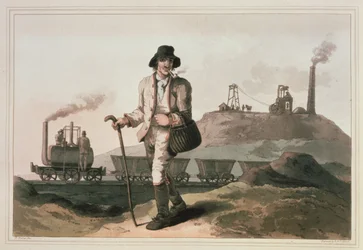 Blenkinsop-locomotief bij Middleton-mijn in de buurt van Leeds, gegraveerd door Robert en Daniel Havell, 1814