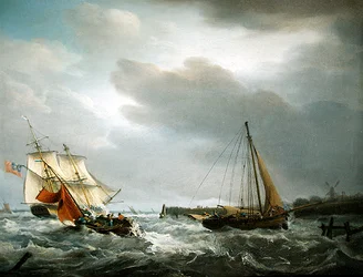 Een Brits Oorlogsschip dat de Monding van een Estuarium Passeert