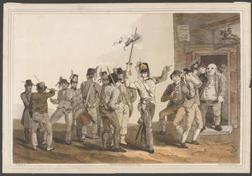Een rekruteringssergeant van het 33e regiment voetvolk, 1814 (gekleurde aquatint)