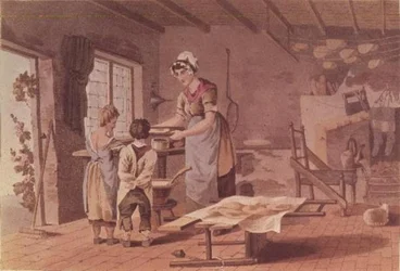 Havermoutkoeken maken, gegraveerd door de Havell Brothers, uitgegeven in 1813 door Robinson en Son