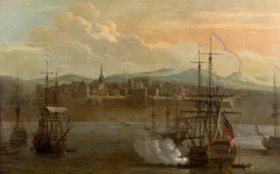 Een schilderij van Fort St George in Madras, India. In 1731. Militair fort en haven met schepen. Kanon van het schip wordt afgevuurd. Rook. Slag.