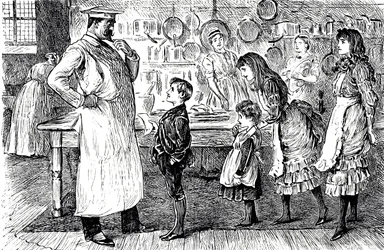 Een cartoon die een chef-kok afbeeldt die bestellingen opneemt van de kinderen van het huis. Geïllustreerd door George du Maurier (1834-1896) een Frans-Britse cartoonist en auteur