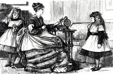 Een cartoon die een jonge moeder toont die een naaimachine gebruikt. Geïllustreerd door George du Maurier (1834-1896) een Frans-Britse cartoonist en auteur