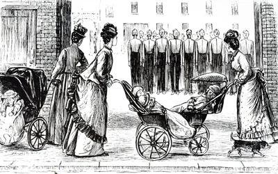 Een gravure die kindermeisjes toont die kinderen in kinderwagens duwen. Geïllustreerd door George du Maurier (1834-1896) een Frans-Britse cartoonist en auteur