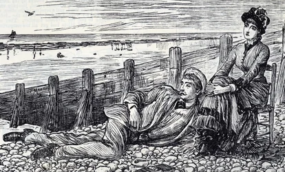 Cartoon van een stel dat geniet van hun huwelijksreis op een kiezelstrand