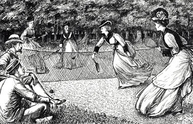 Cartoon die een spelletje lawn tennis afbeeldt
