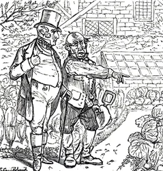Cartoon die een heer met de tuinman in de groentetuin toont