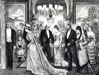 Cartoon die een elegante soirée in een Victoriaans huis toont