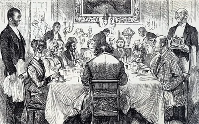 Cartoon die een elegant soirée in een Victoriaans huis afbeeldt