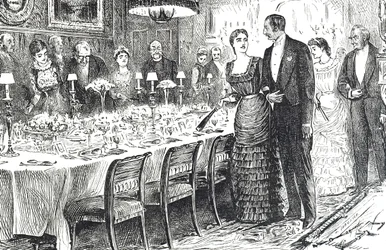 Cartoon getiteld "Going into Dinner" die een jong stel afbeeldt dat een eetkamer binnenkomt