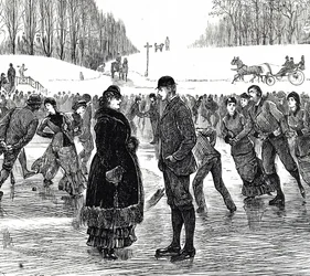 Gravure die een middelbaar echtpaar afbeeldt dat schaatst