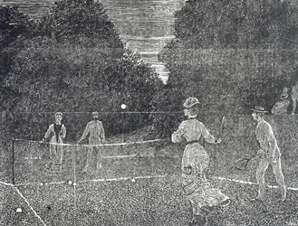 Gravure die het gebruik van witte fosforverf aanbeveelt aan tennisspelers