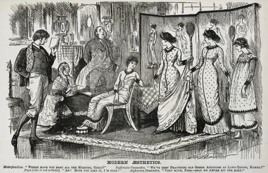 George du Maurier cartoon over de modieuze esthetische beweging in de decoratieve kunsten. Uit 