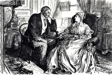 Georges du Maurier cartoon die een man en vrouw illustreert in gesprek over de kalmerende voordelen van levertraan. Engeland 1869