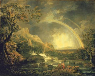 Uitgestrekt bosrijk rivierlandschap, met vissers naast een poel onder een waterval, en een regenboog