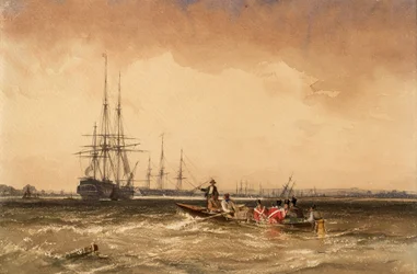 Op de Medway (Mariniers gaan naar de Indiaman, Northfleet)