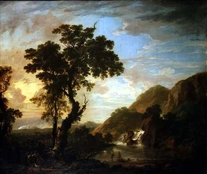 Bosrijk Rivierlandschap met Figuren op de Voorgrond en Waterval op de Achtergrond
