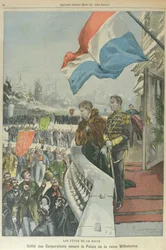 Processie van Corporaties in Den Haag voor Koningin Wilhelmina van Nederland ter viering van haar huwelijk met Hertog Hendrik van Mecklenburg, februari 1901