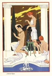 Een slaaf giet geurende olie op het haar van haar meesteres, oud Rome, 1928