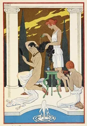 Oud Rome. Een persoon die haar haar door dienaren laat wassen