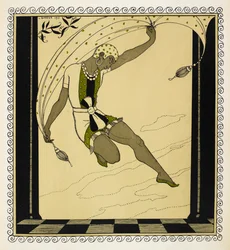 “Cleopatra”. Een danseres uit de productie van Anton Arensky uit 1909, gekleed in een kort wit, groen en zwart kostuum dat in de taille is vastgebonden, groene schoenen en een witte hoed met patroon.