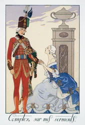 Comptez sur mes serments (Ik zal je trouw zijn), Hongaarse huzaren, lithografie uit Falbalas et Fanfreluches, Almanach des Modes Presentes, Passees et Futures