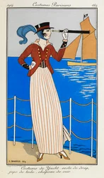 Yachtkostuum: jas van stof, rok van linnen, leren hoed. Een vrouw in een yachtkostuum: een rode stoffen jas, gestreepte linnen rok, een leren hoed en een blauwe sjaal. Ze gebruikt een telescoop, wijzend naar de boot op de achtergrond. Costumes Parisiens.