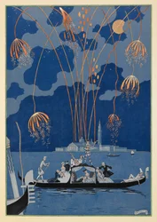 En bateau. Vuurwerk in Venetië. Mensen in een gondel