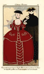 Verkleedkostuums naar Longhi. Vrouw in een damasten jurk met witte afwerking, cape van zwarte taf en kant. Verkleedkostuums naar Longhi: damasten jurk met witte afwerking, waarover een cape van zwarte taf en kant wordt geslagen. Handgekleurde pochoir