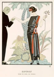 "Gazette du Bon Ton; Esperez, avondjurk van Worth, ca.1920 (kleurenlitho)