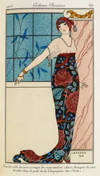 Grande robe du soir, corsage de mousseline chair tunique de soie brodée dans la goût de la Compagnie des Indes. Costumes Parisiens no.69. Vrouw draagt een avondjurk met een chiffon lijfje en een zijden geborduurde tuniek. Ze draagt ook een rode sjaal.