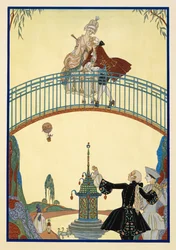 À La Promenade. Een man en vrouw op een brug. Pierrot, beneden.