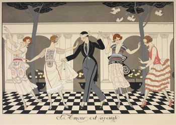 Liefde is blind. Een geblinddoekte man danst met vier vrouwen.
