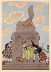 Mandoline. Mensen staan rond een monument. Een vrouw houdt een parasol vast. Betekenisvolle wolken.