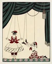 Petroushka. Scène uit Petroushka, een ballet met muziek van de Russische componist Stravinsky. Twee poppen op het podium, vastgehouden door touwtjes. De jongen knielt en reikt naar het meisje. Ze dragen beide rood-wit patroon outfits