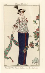 Zomerkleding met bloemen linnen blouse en foulard rok. Toilette d’été, blouse de linon sur jupe de foulard. Handgekleurde pochoir (stencil) ets naar een illustratie van George Barbier uit Tommaso Antongini’s Journal des Dames et des Modes, Aux Burea