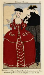 Verkleding naar Loghi: damasten jurk met witte galon, waarover een omslag van zwarte taf en kant wordt geworpen. Costumes Parisiens nr. 46. Vrouw in een rode jurk uit de 19e eeuw met crèmekleurig kant, een zwarte hoed en een wit masker.
