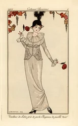 Vrouw in parelgrijs pak en zwarte strohoed. Tailleur de satin gris de perle, chapeau de paille noir. Handgekleurde pochoir (stencil) ets naar een illustratie van George Barbier uit Tommaso Antongini’s Journal des Dames et des Modes, Aux Bureaux du Jo