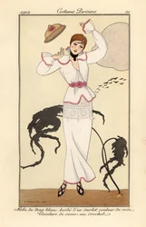Vrouw in witte wollen jurk met roze rand, riem van gehaakte rozen, verliest haar hoed in de wind. Handgekleurde pochoir (stencil) ets naar een illustratie van George Barbier