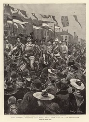 De cavalerie, koloniaal en thuis, die deelnam aan de processie