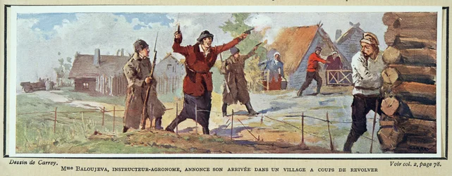 Mevr. Baloujeva, Agronoom, kondigt haar aankomst in een dorp aan met een revolver, uit Histoire des Soviets, uitgegeven 1922