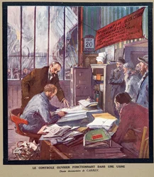 Arbeiderscontrole in een Sovjetfabriek ten tijde van de Revolutie in 1917, uit Histoire des Soviets, pub. 1922